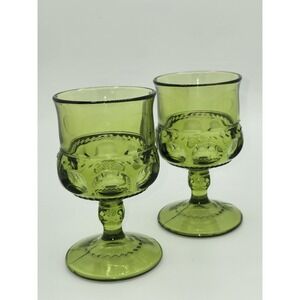 Indiana Glass KINGS CROWN Green 4-3/8" Wine Goblets‎ Set of 2